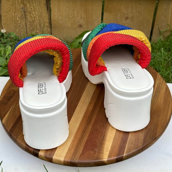 Cape Robbin Multi- Color Spandex Mid Block Heels Rhinestone Trim Sandals - Picture 8 of 10